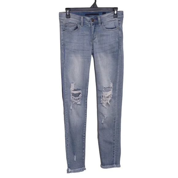 SP Black Label Denim - SP Black Label Frayed Skinny Distressed Blue Wash Straight Denim Jeans